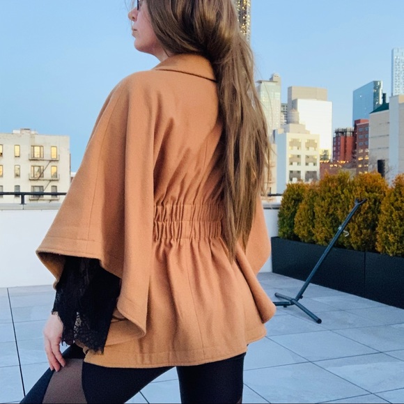 Aqua Camel Wool Bat Wing Ruffled Pea Coat Poncho - Picture 11 of 16